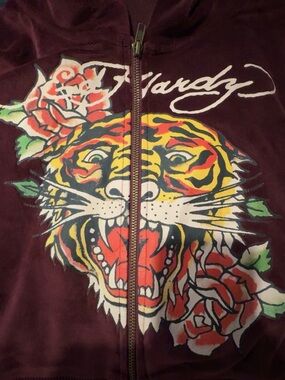 Ed Hardy Burgundy Zip-Up Hoodie with Multicolor Tiger & Rose Design
